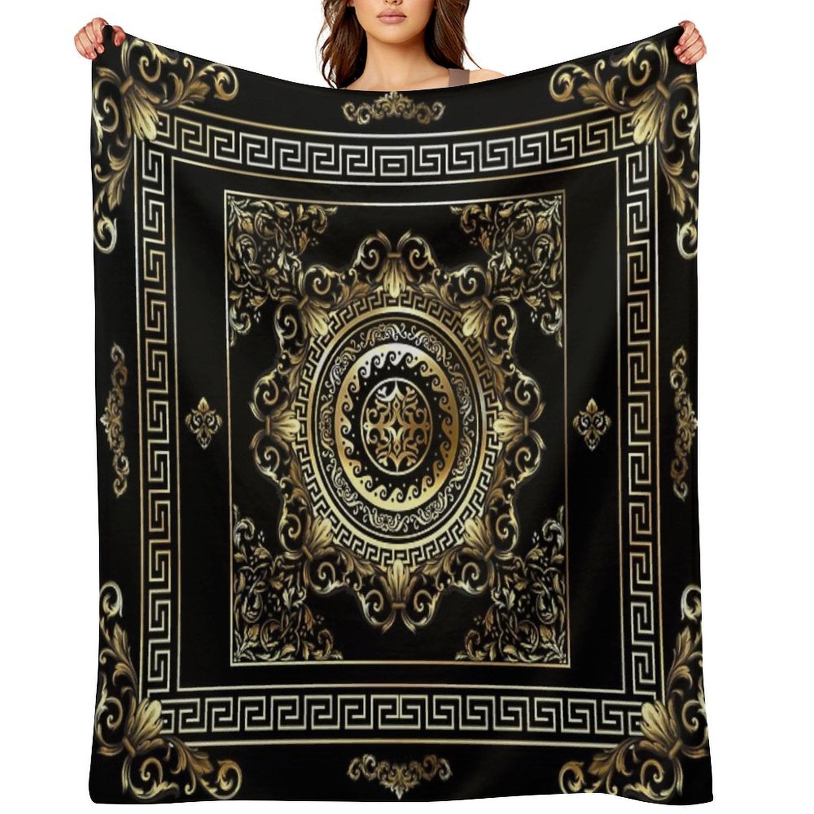 Ornate Baroque Black And Gold Greek Key Border Quick-dry Throw Blanket