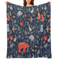 Fairy-tale Forest. Fox, Bear, Raccoon, Owls, Rabbits, Flowers And Herbs on A Blue Background. Anti-pilling Throw Blanket