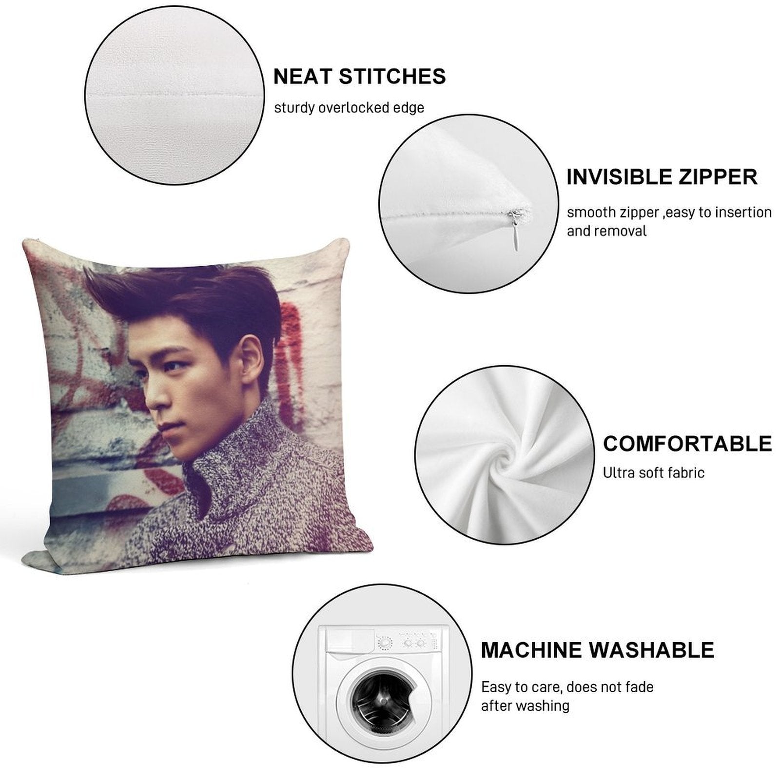 TOP BigBang Kpop Korea Choi Seung Hyun Soft Reinforced Edging Throw Pillow