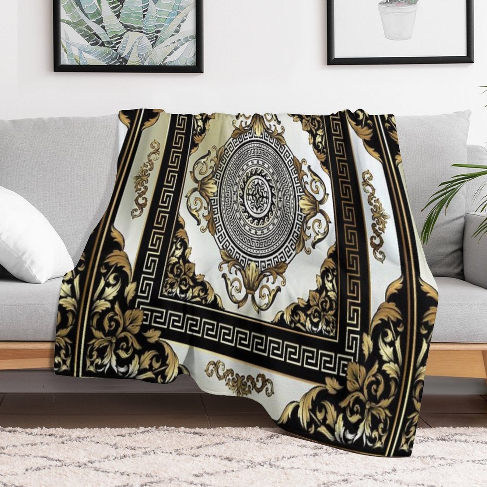 Ornate Baroque Cream Gold Black Greek Key 2 Anti-pilling Throw Blanket