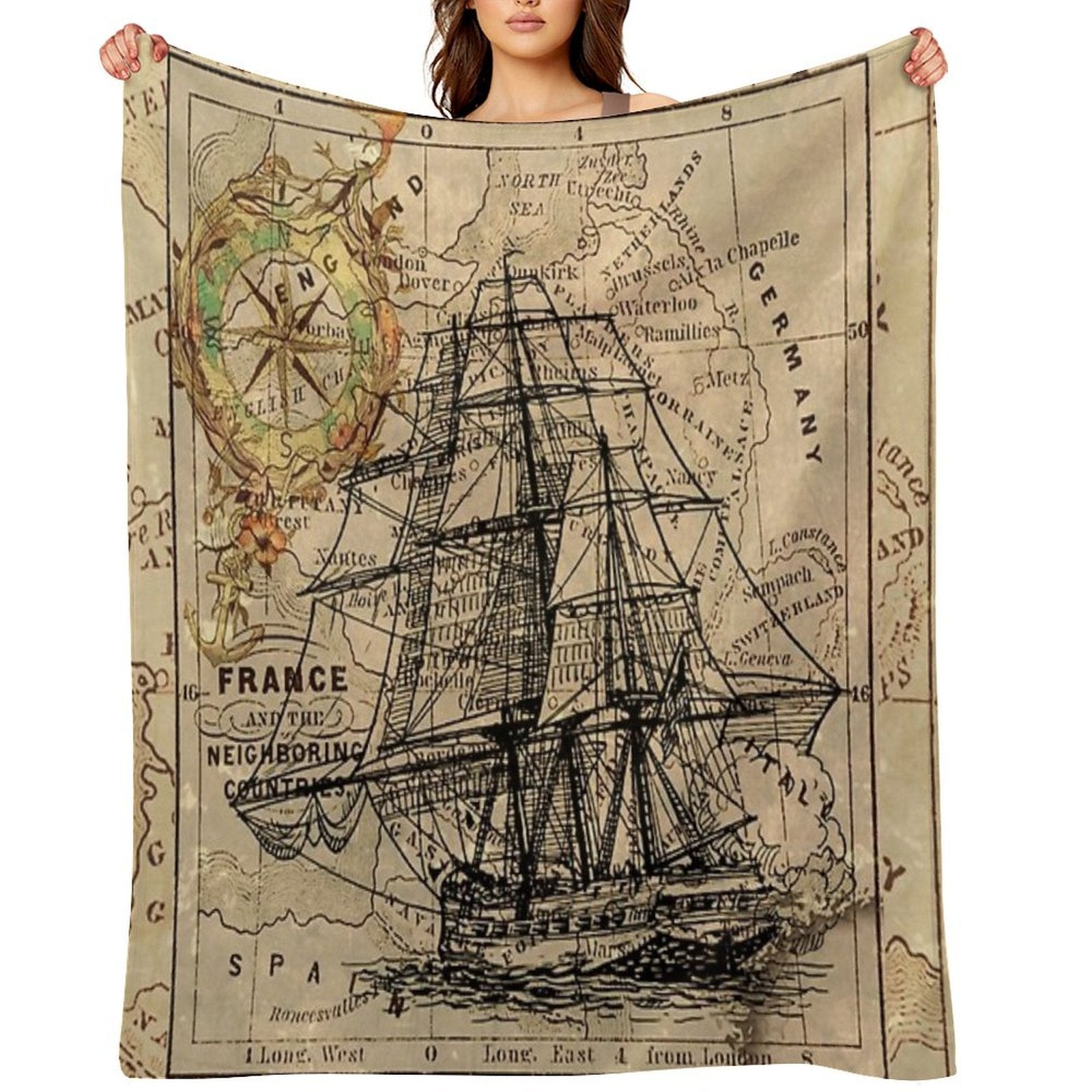 Dark Academia Vintage Pirate Ship Sailor Antique World Map Compact Throw Blanket