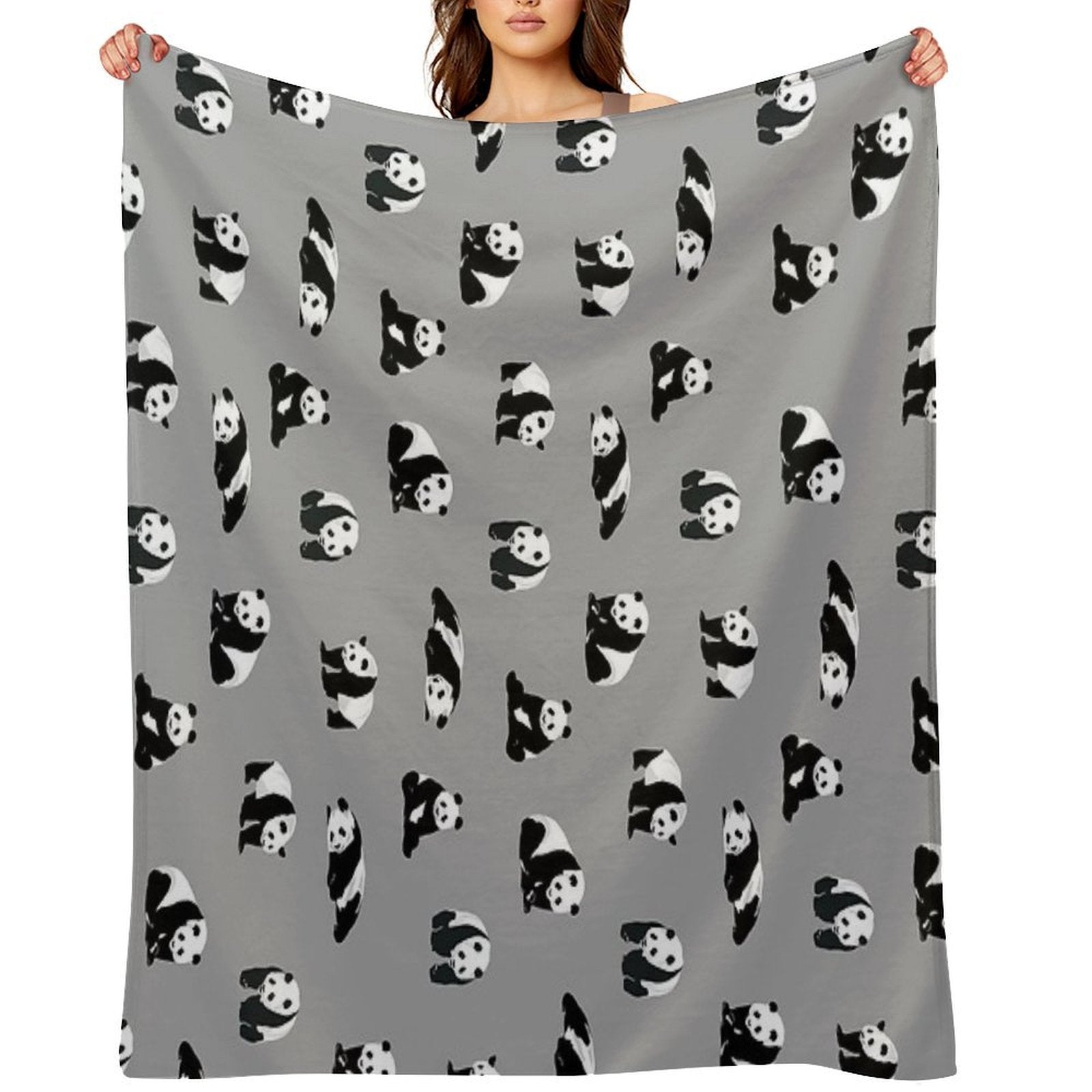 Pandas on Grey Quick-dry Throw Blanket