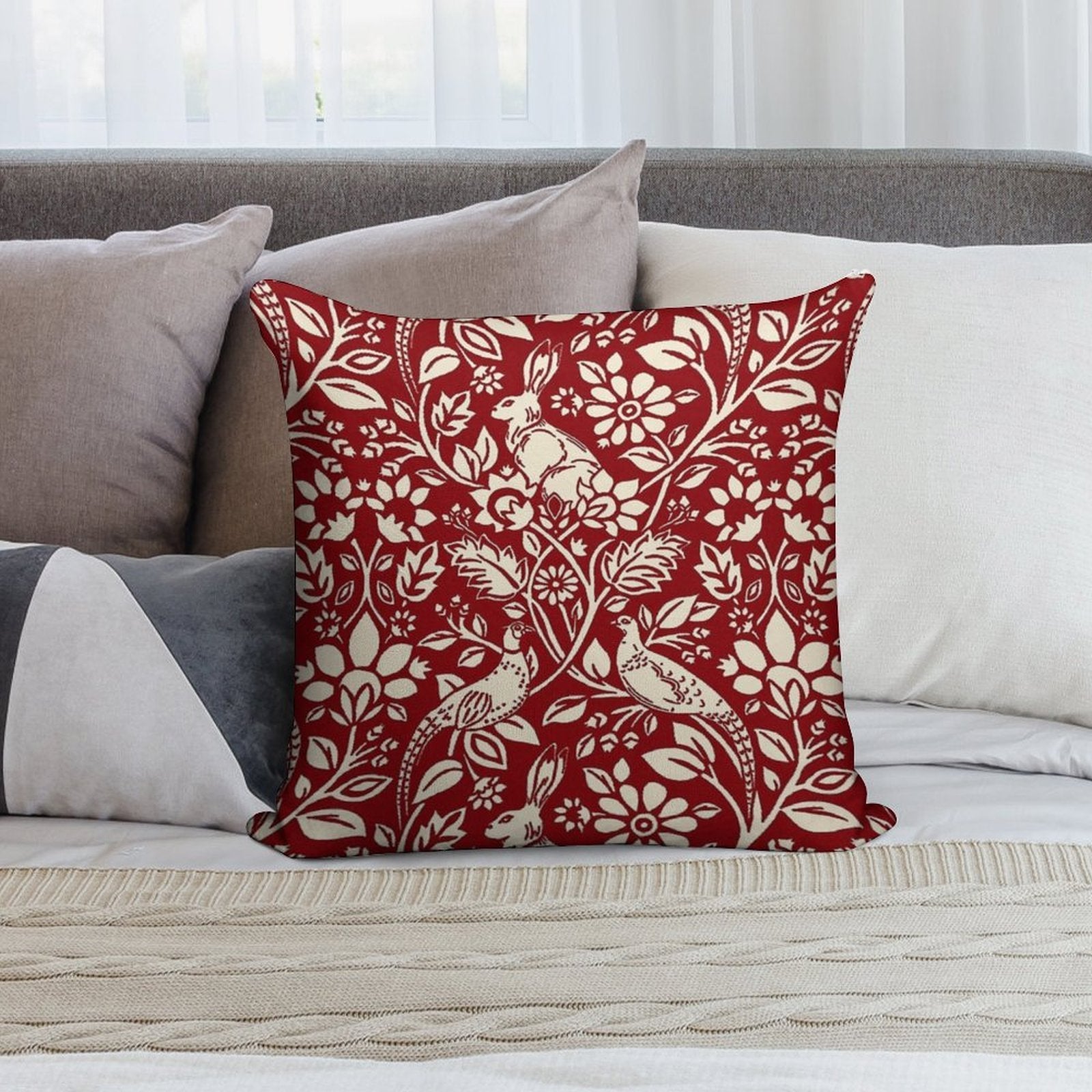 Pheasant And Hare Pattern, Deep Red And Cream Soft Bedroom Essential Throw Pillow