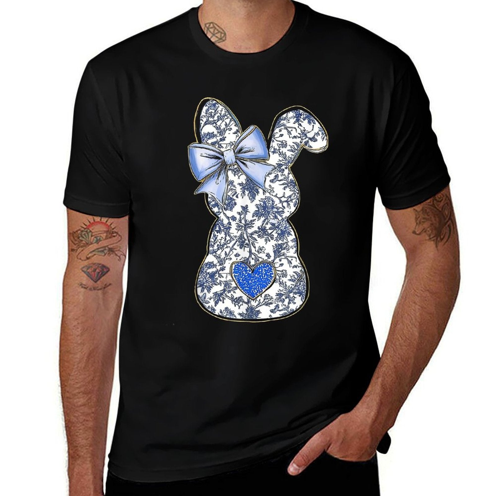 Easter Chinoiserie Floral Bunny With Cute Blue Bow Coquette  Cotton T-Shirt