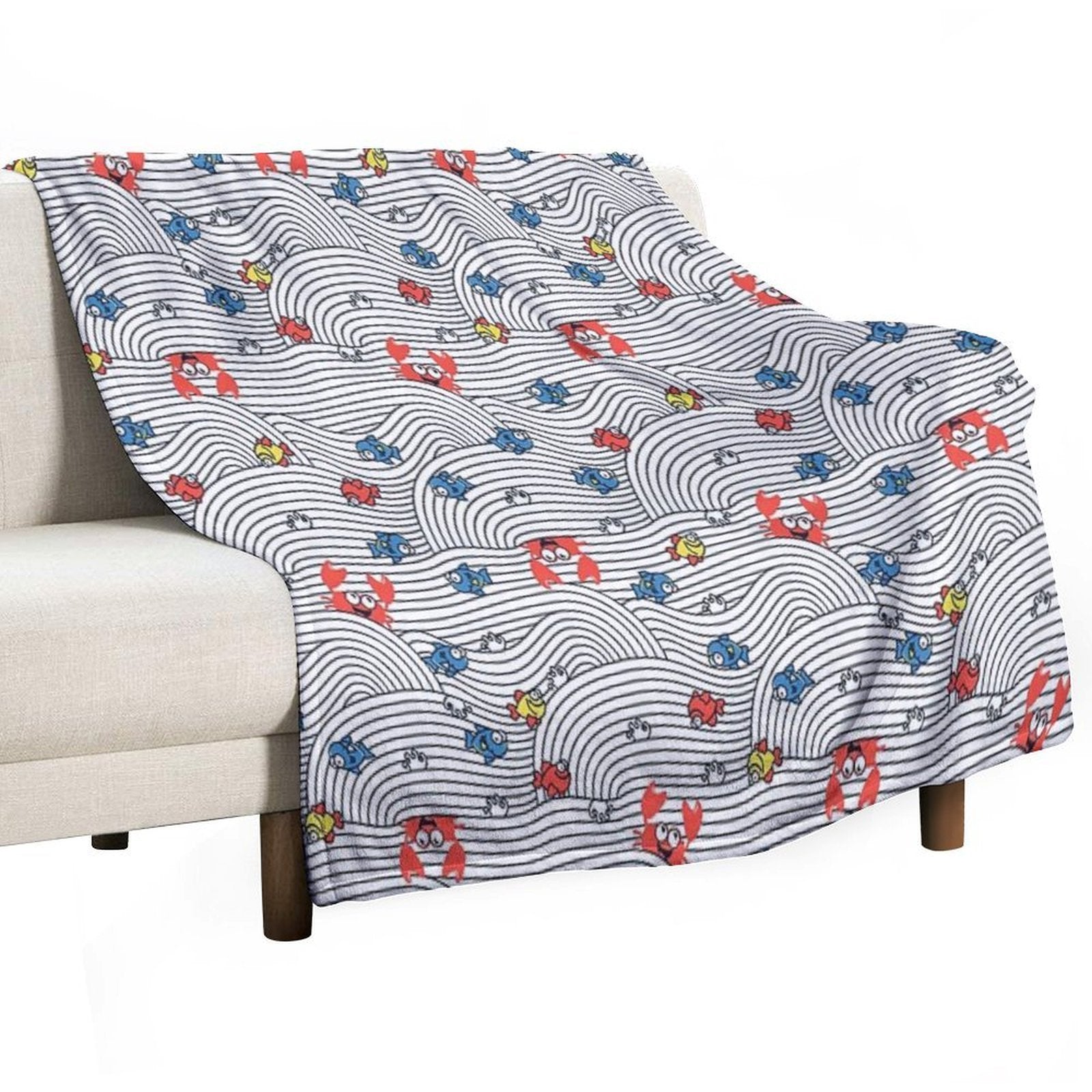 Grafic Waves from Stripes with Fish And Crabs. Sea Seamless Pattern. Premium Throw Blanket