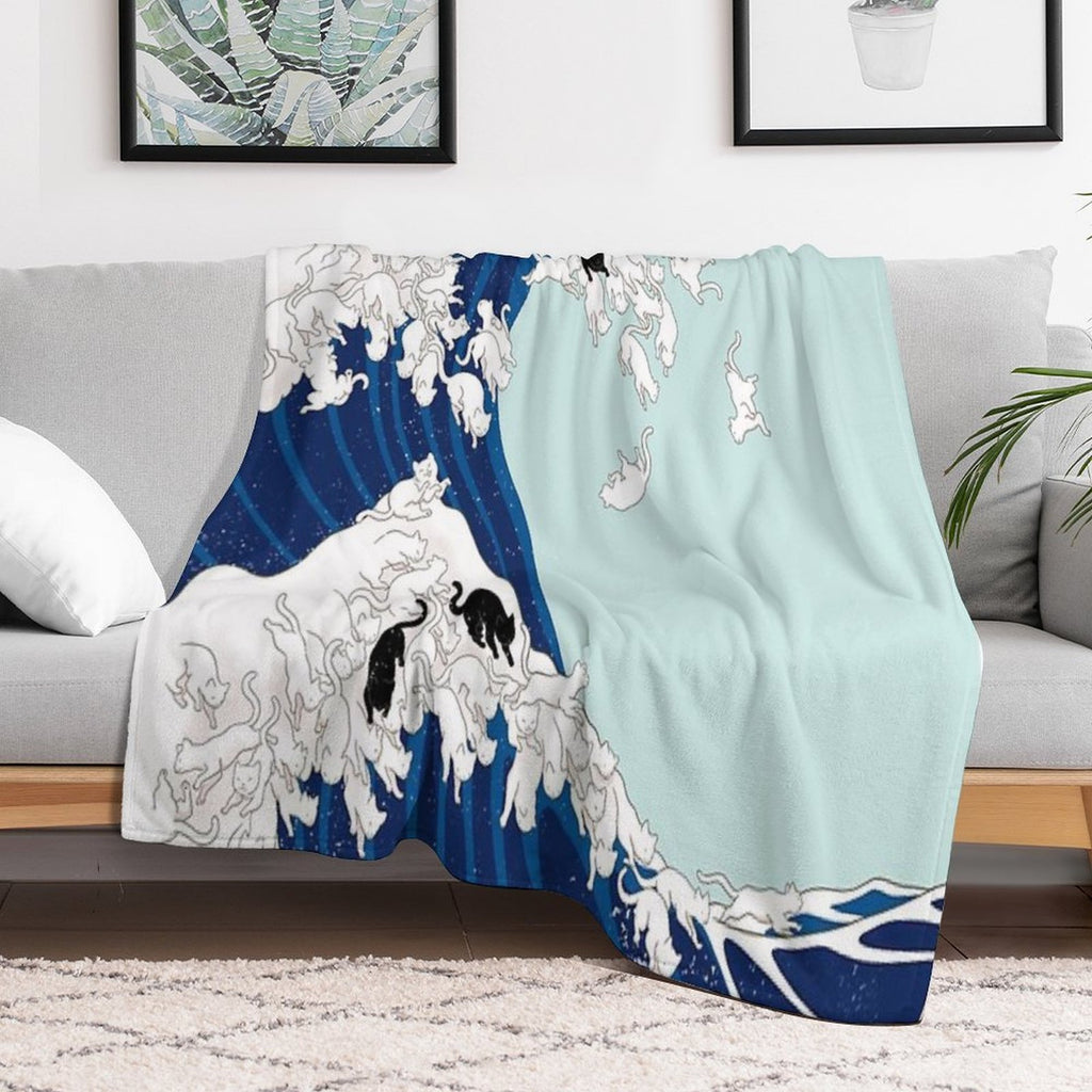 Cats The Great Wave in Blue Art Print Eco-conscious Throw Blanket