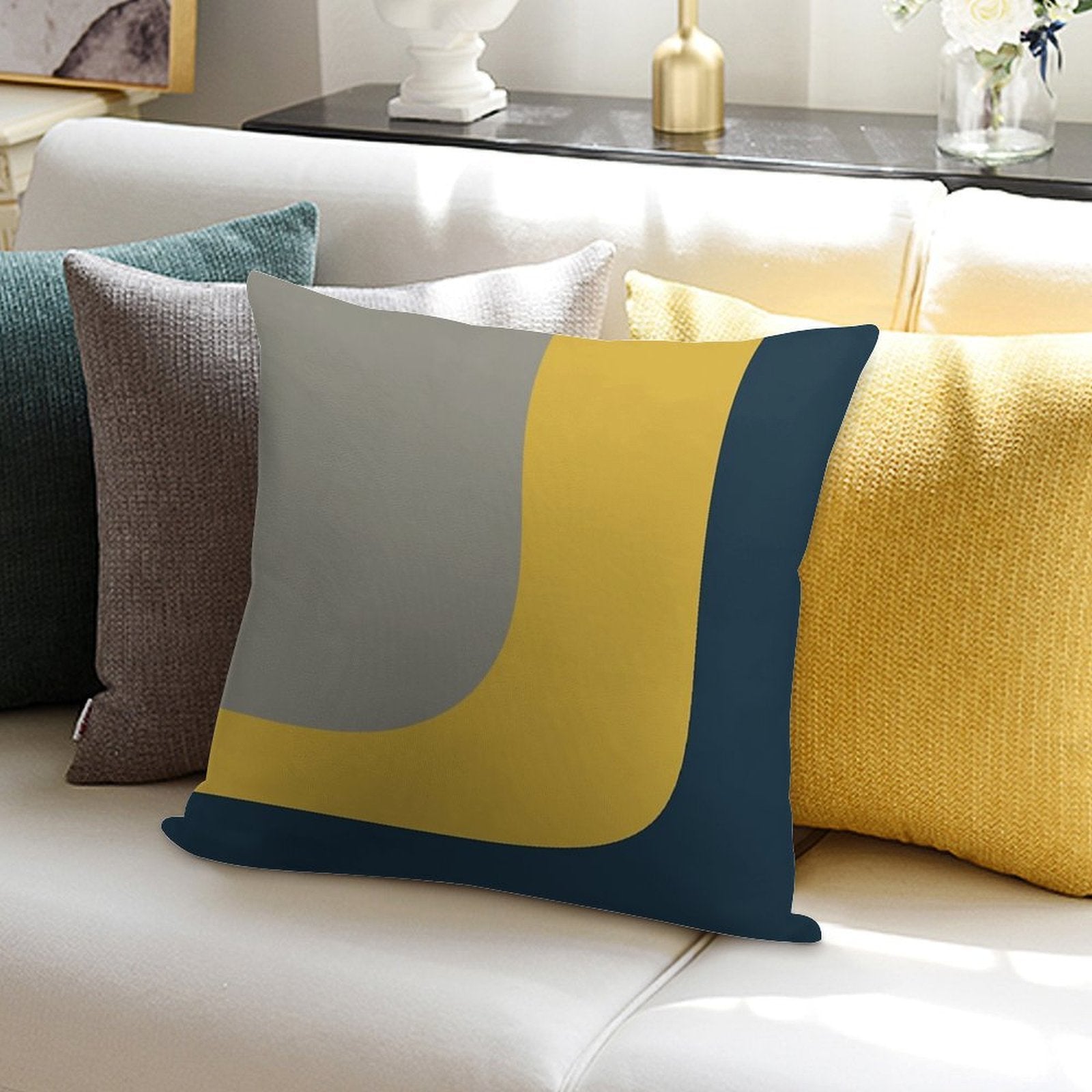 Triple Wave Minimalist Pattern in Mustard Yellow, Navy Blue, And Grey Soft Fade-Resistant Throw Pillow