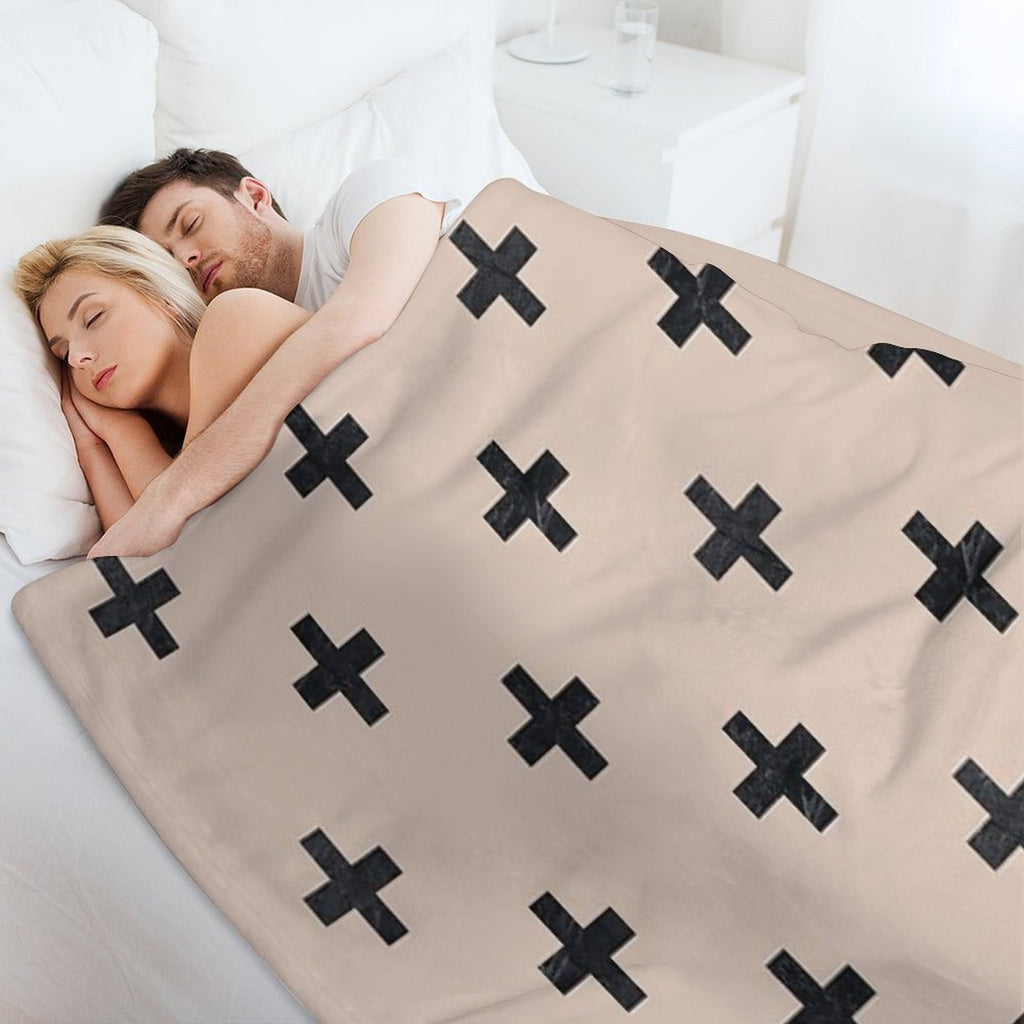 Beige And Black Textured Swiss Cross Pattern Lightweight Throw Blanket