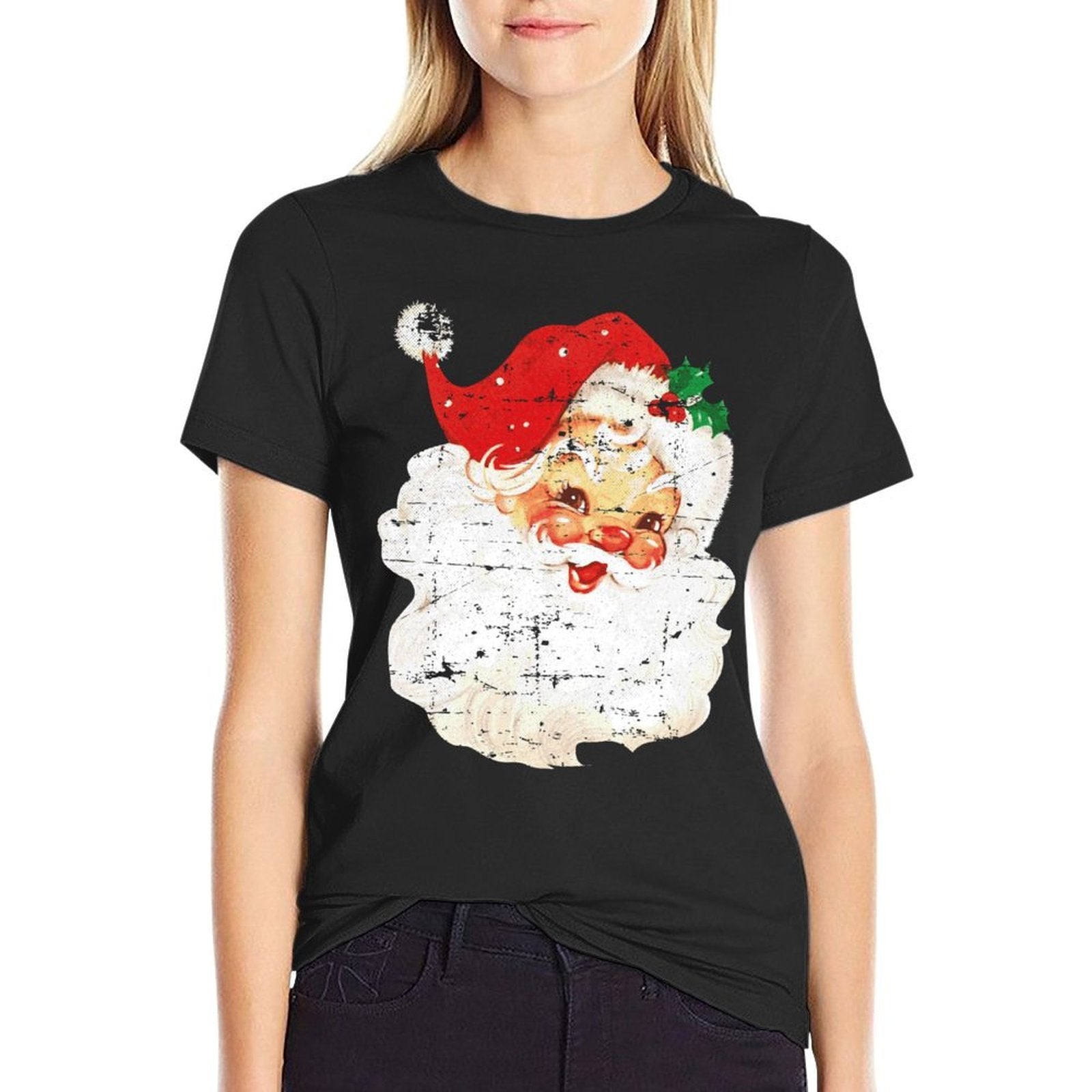 Distressed Vintage Santa Claus Face Old Fashioned Christmas  Wrinkle-resistant T-Shirt