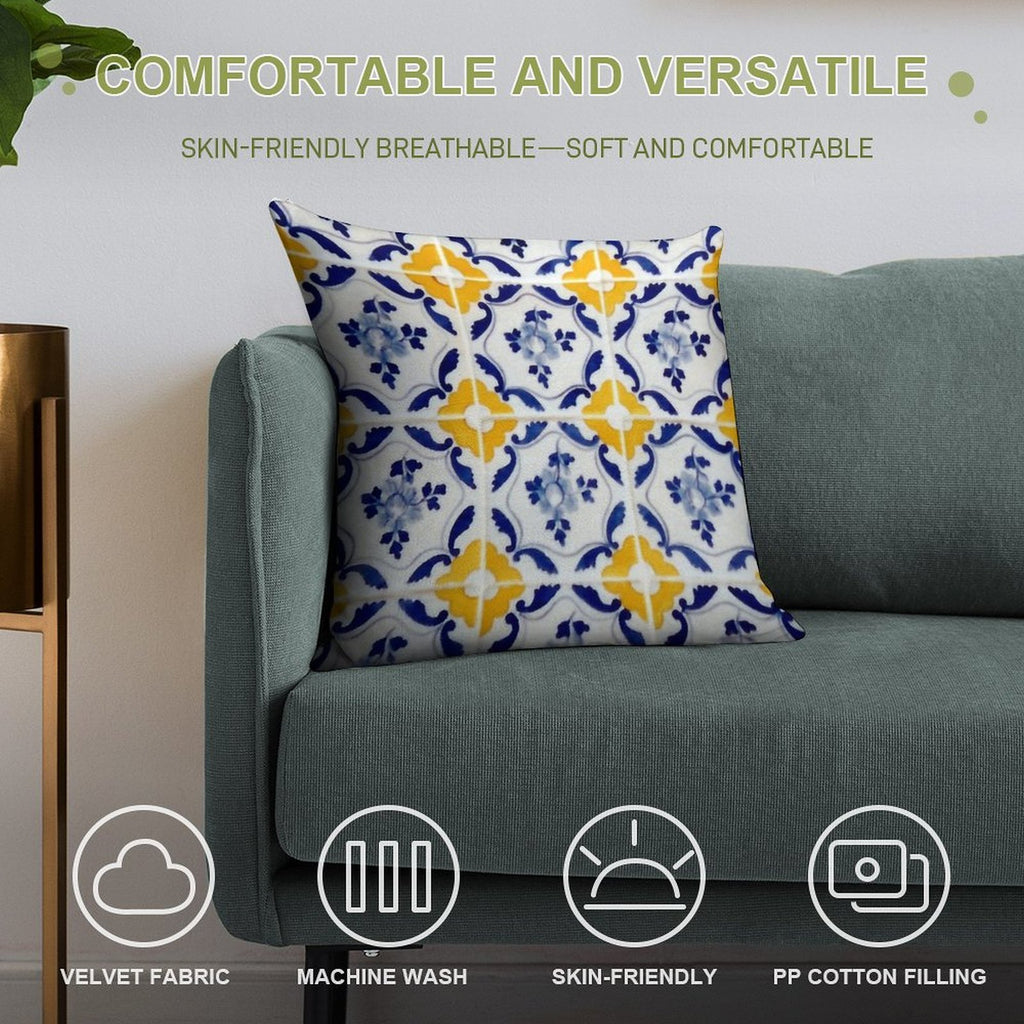 Portuguese Blue And Yellow Tiles Soft Fade-Resistant Throw Pillow