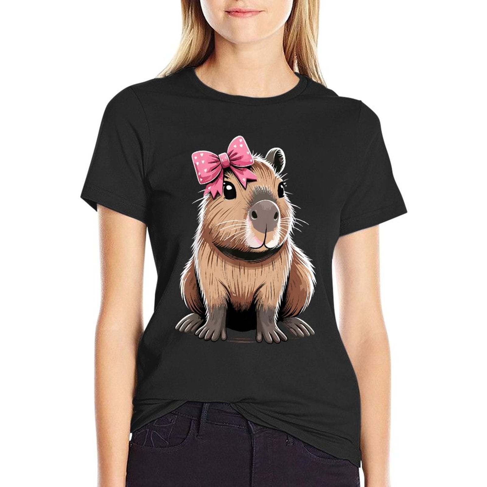 Cute Gifts for Capybaras Lover Capybara with Pink Ribbon Bow Unisex-Child  Ribbed Collar T-Shirt