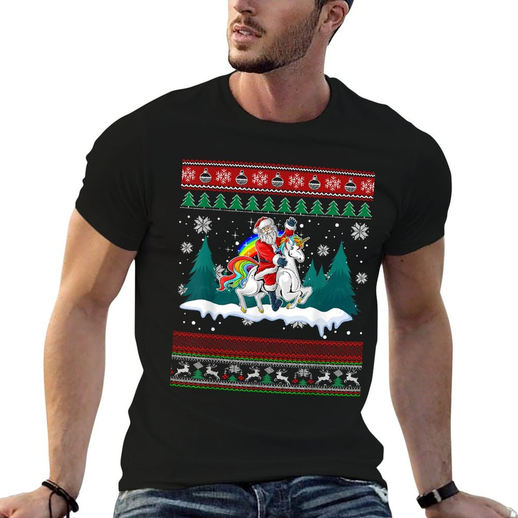 Santa Claus Riding On A Unicorn Ugly Christmas Funny  Rolled Sleeves T-Shirt