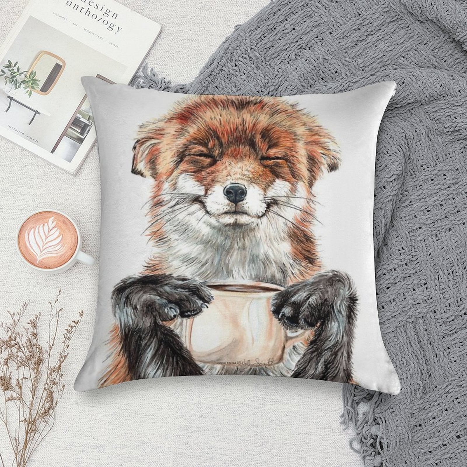 Morning Fox - Cute Coffee Animal Soft Style Accent Throw Pillow