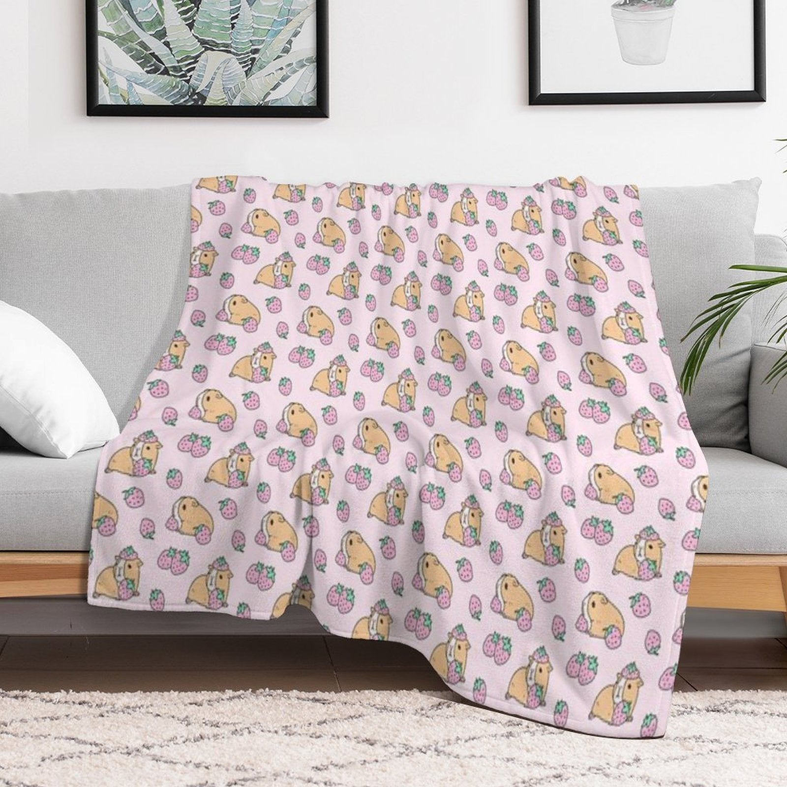 Pink Guinea Pig And Strawberry Pattern Eco-conscious Throw Blanket
