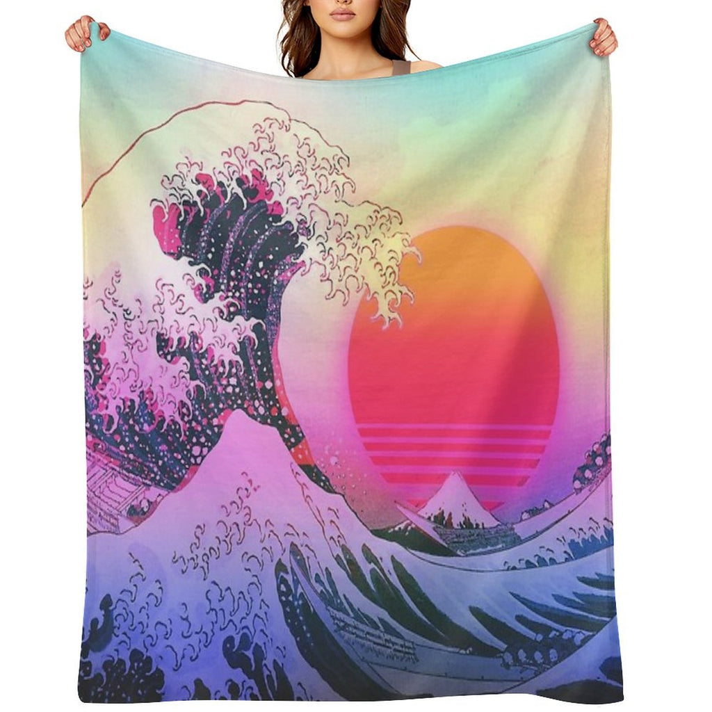 Great Wave Off Kanagawa Vaporwave Retro Aesthetic Travel-friendly Throw Blanket