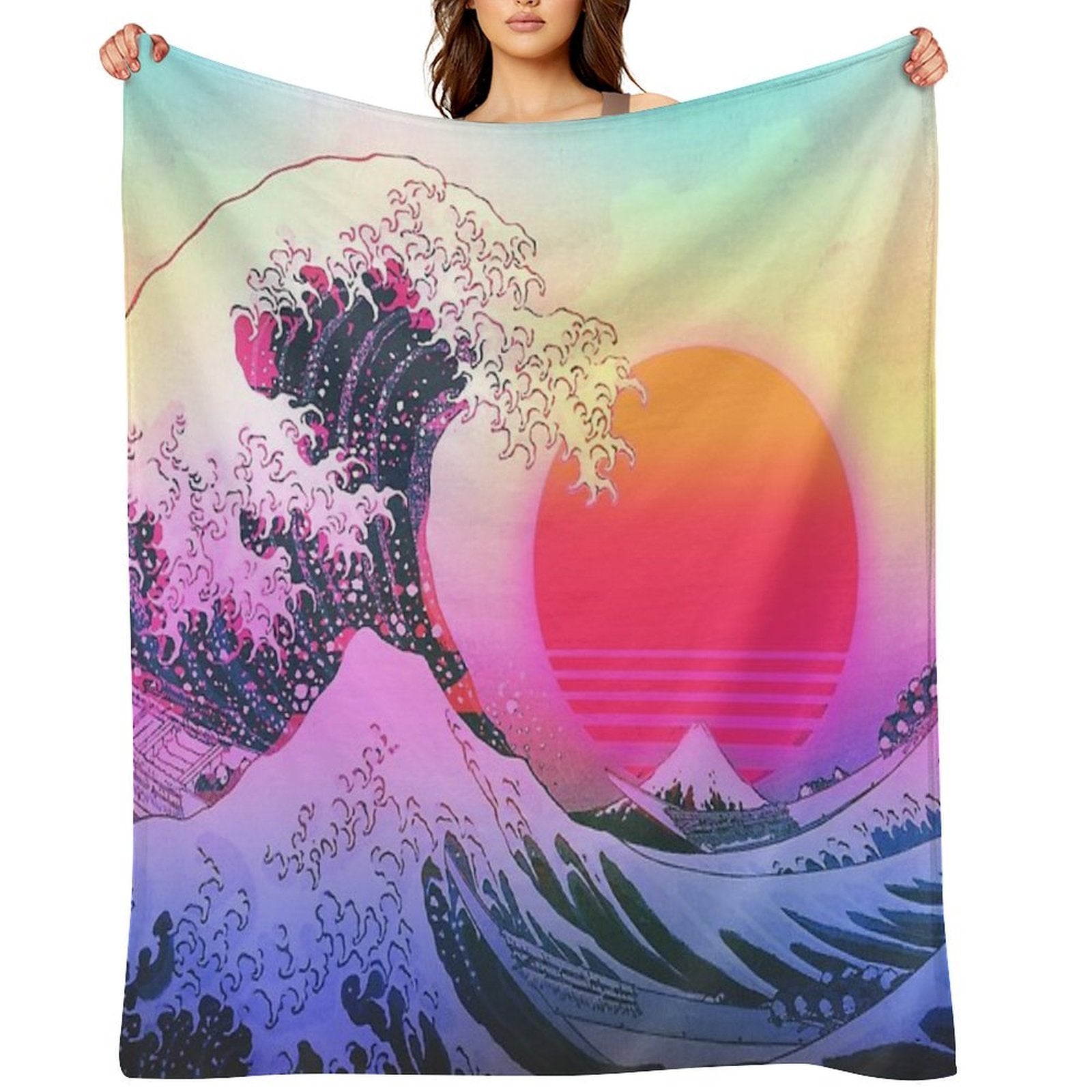 Great Wave Off Kanagawa Vaporwave Retro Aesthetic Travel-friendly Throw Blanket