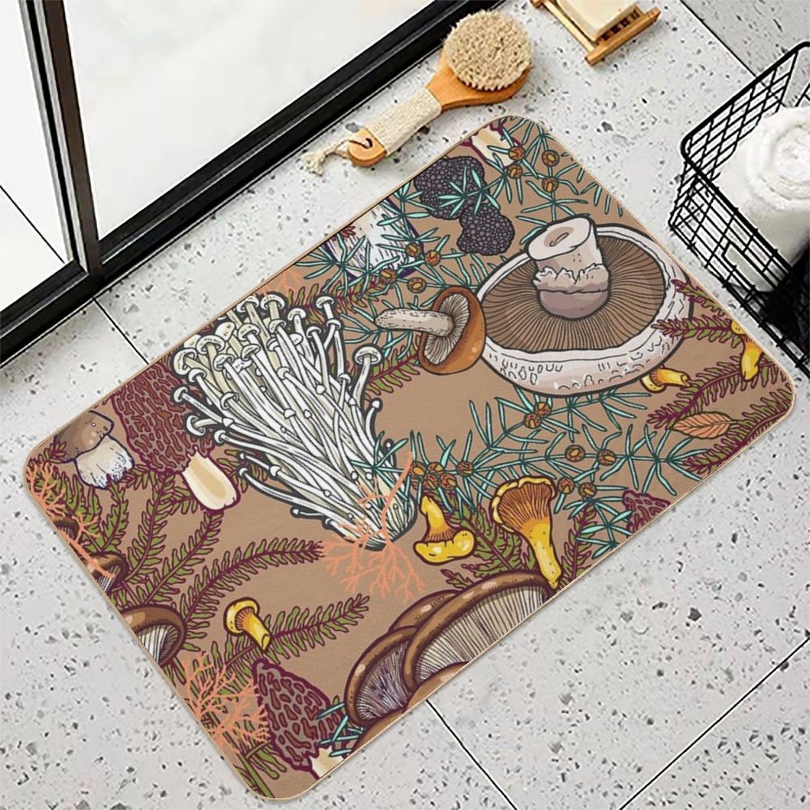 Beige Mushroom Forest  Non-Slip Bath Mat