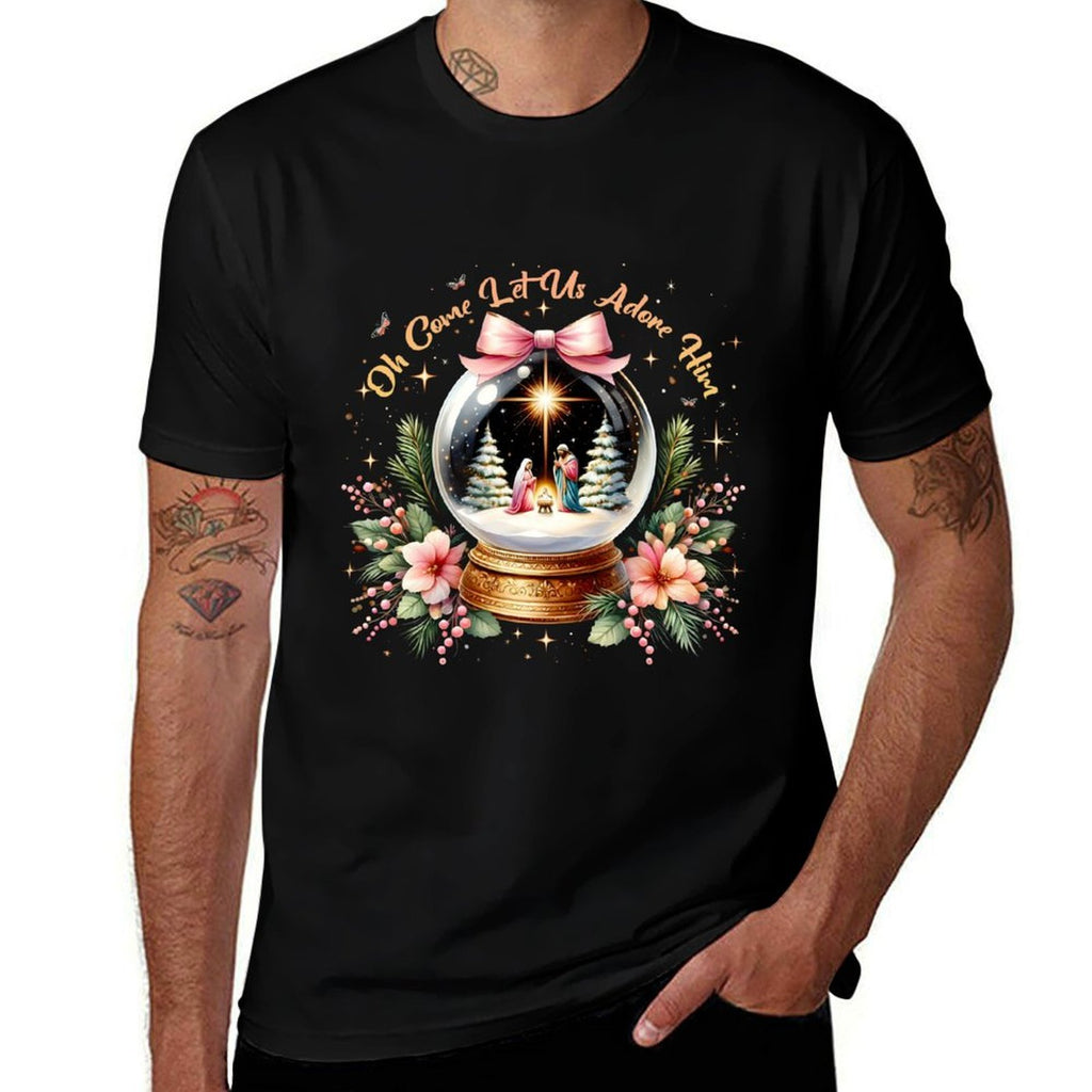 Oh Come Let Us Adore Him Christmas Nativity Scene Snow Globe  Graphic-printed T-Shirt