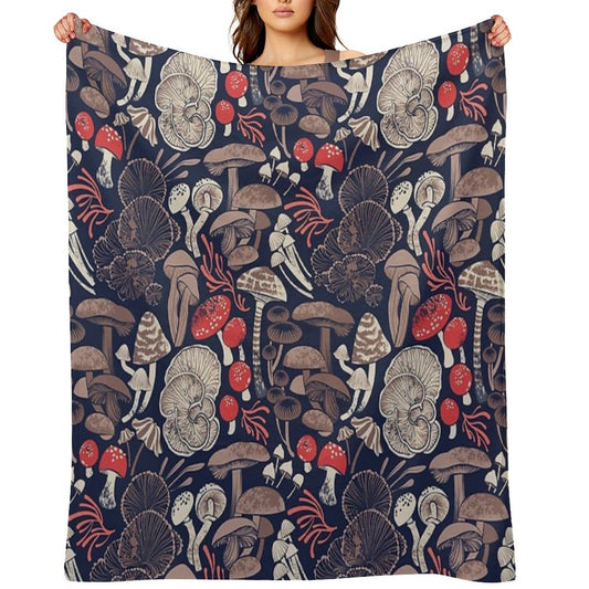 Mystical Fungi  Midnight Blue Background Brown Red And Coral Wild Mushrooms Easy Care Throw Blanket