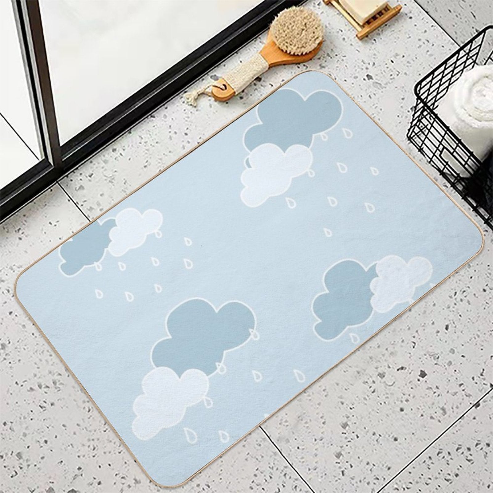 Clouds with Rain Drop Blue Background  Easy To Clean Bath Mat