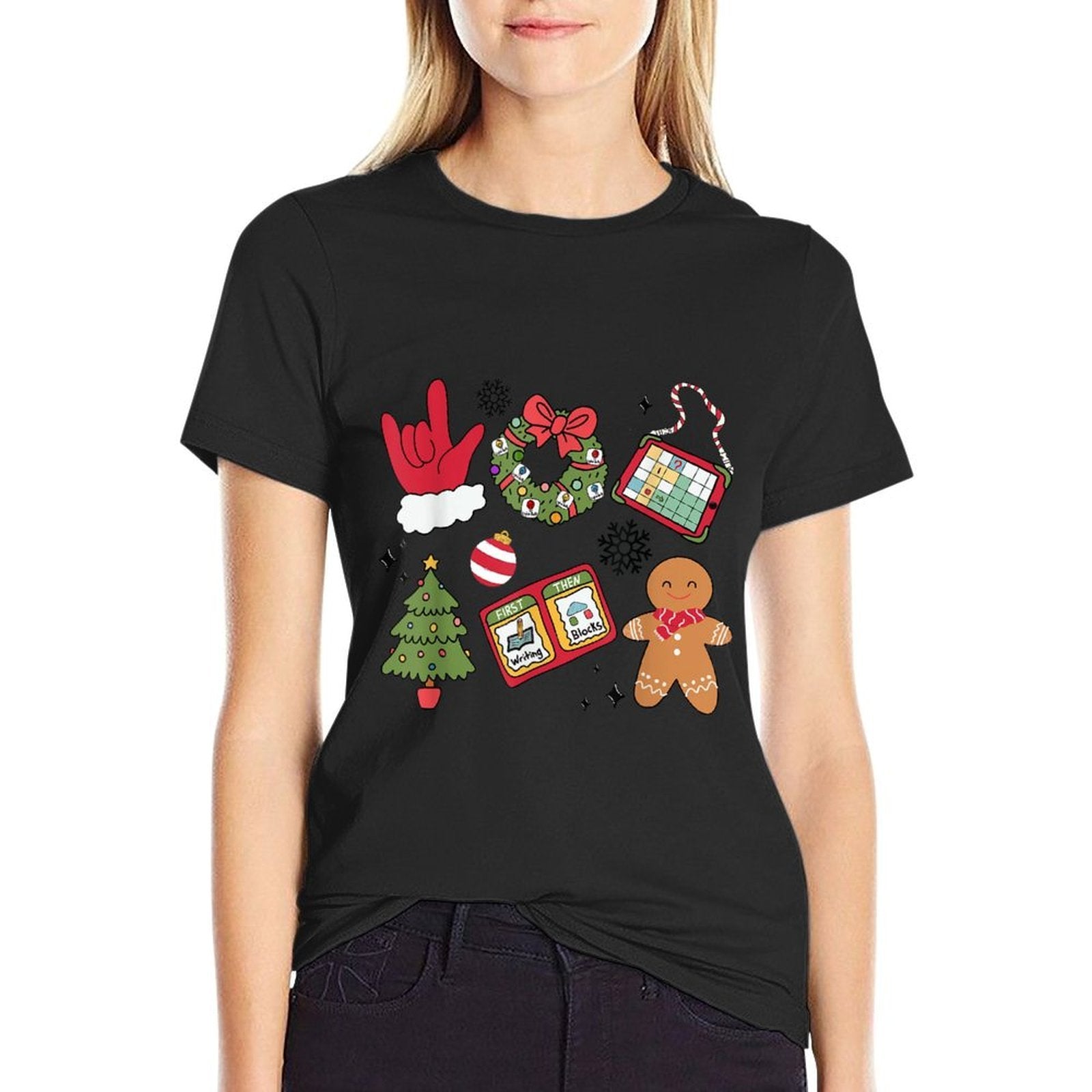 Women Groovy Christmas Special Education Teacher ABA AAC  Stretchy T-Shirt