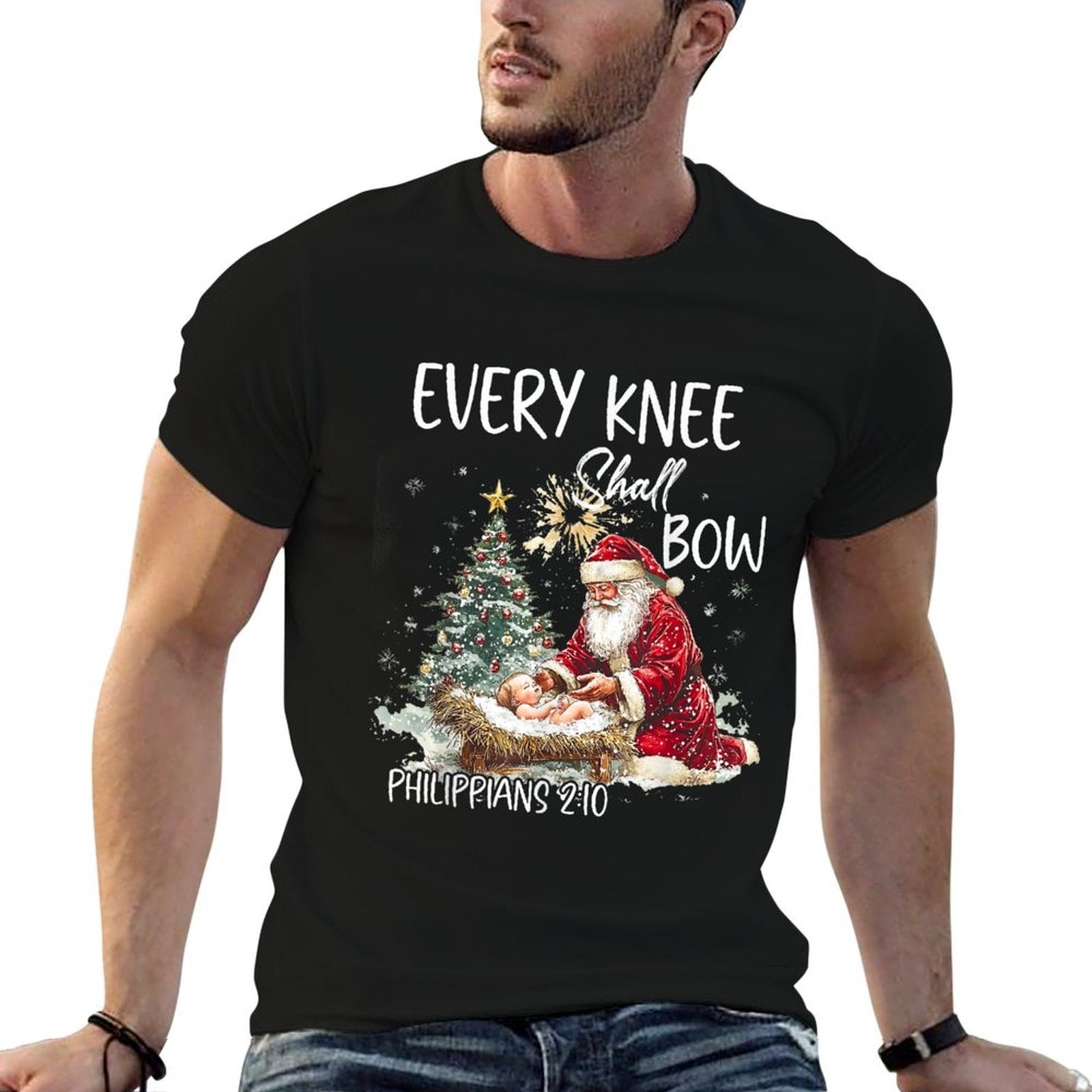 Every Knee Shall Bow Jesus Christian Christmas Santa Pajamas  Cotton T-Shirt