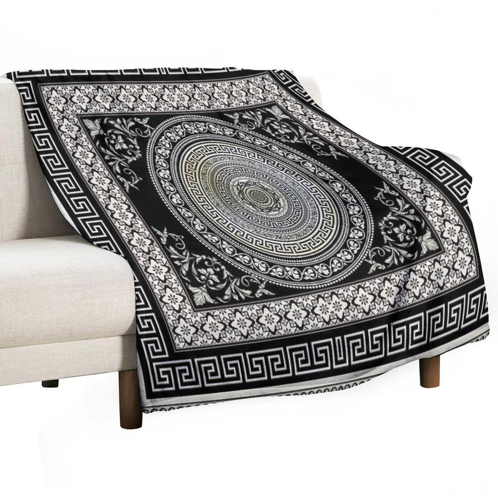 Greek Key Meander Black Cream Ornate Medallion All-season Throw Blanket