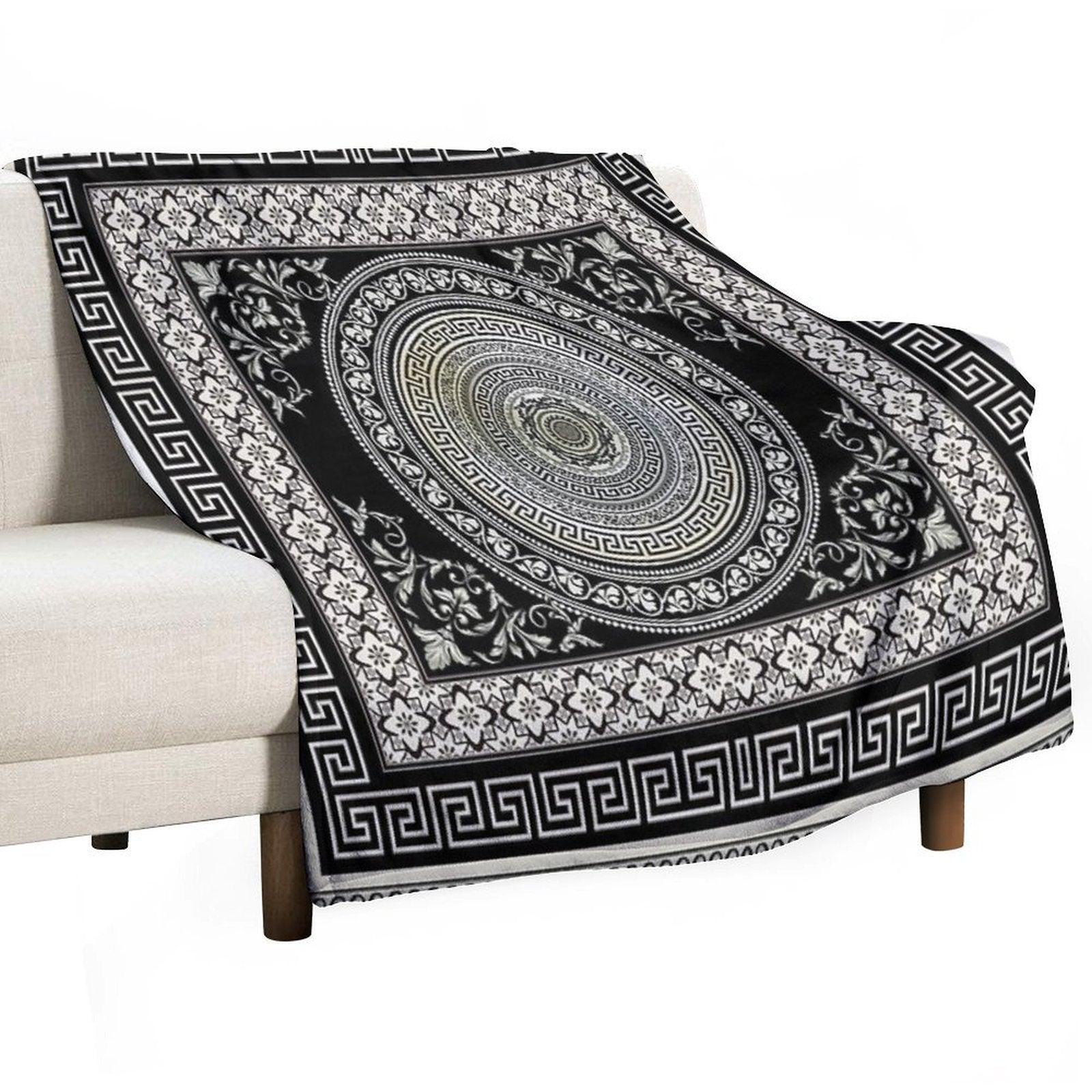 Greek Key Meander Black Cream Ornate Medallion All-season Throw Blanket