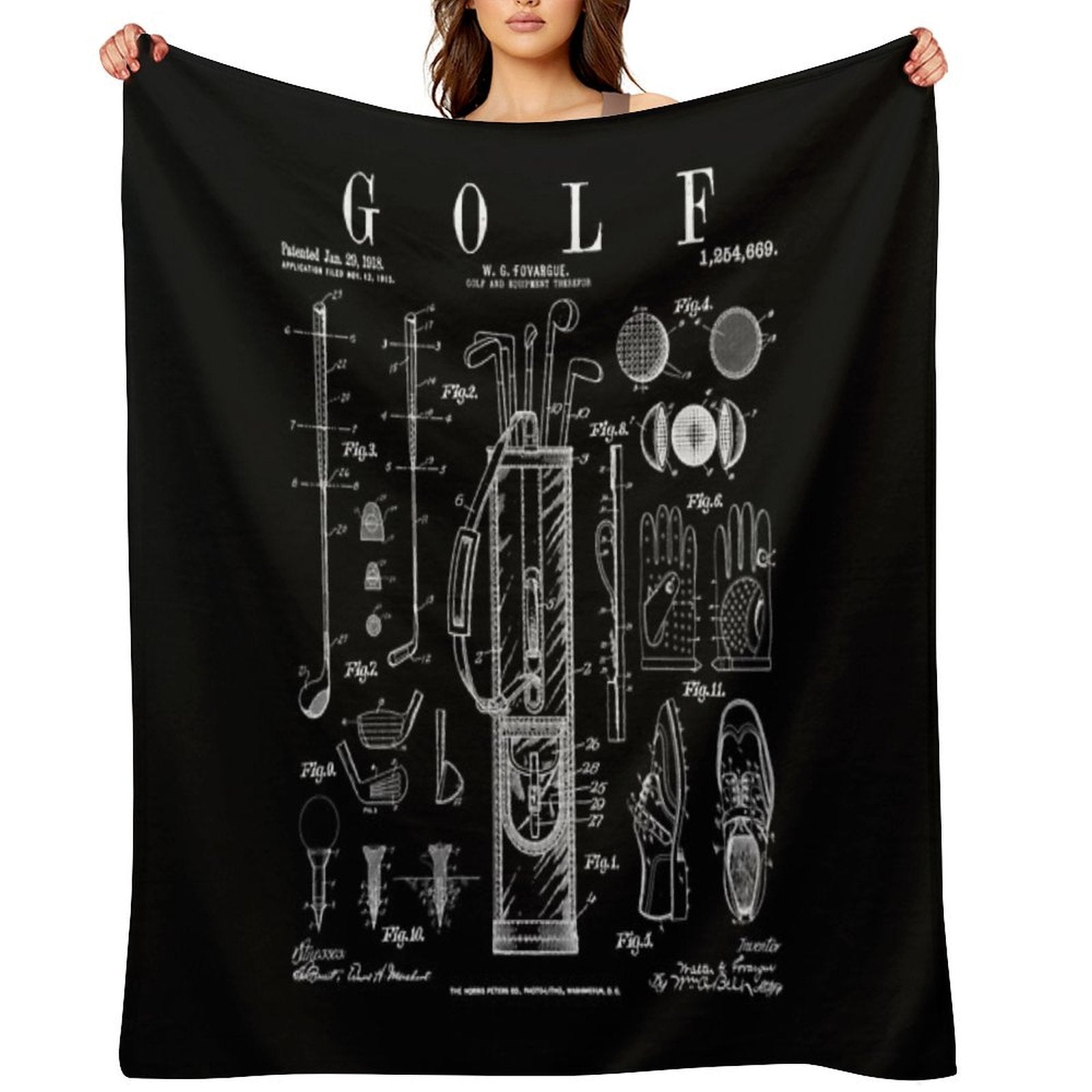 Golf Club Golfer Old Vintage Patent Drawing Print Machine-washable Throw Blanket