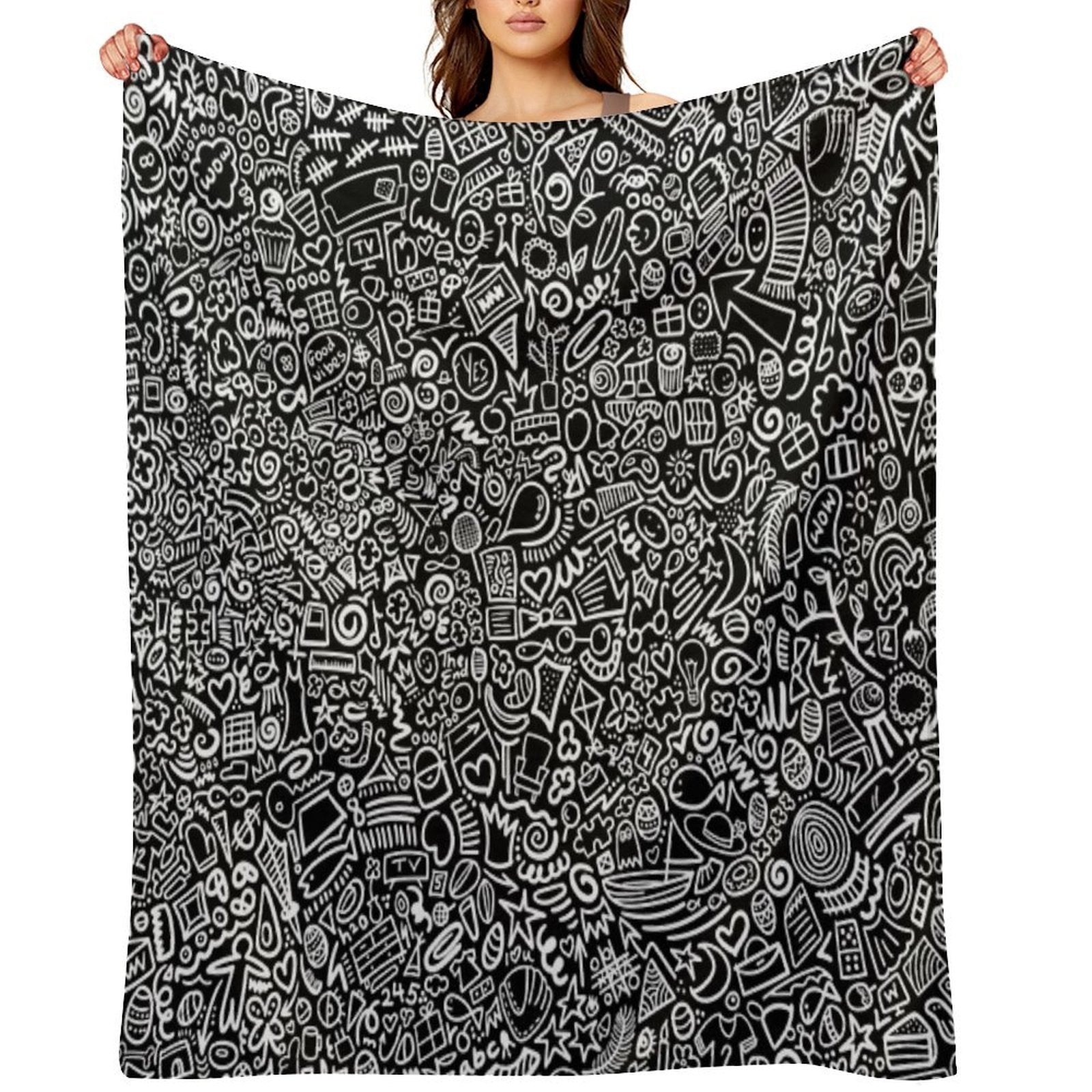 Hidden Images Doodle Art on Black Machine-washable Throw Blanket