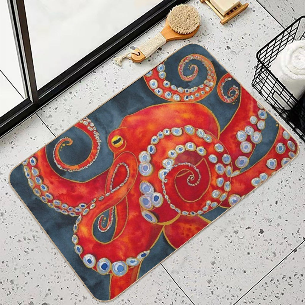 Red Watercolor Octopus  Anti-Trip Bath Mat