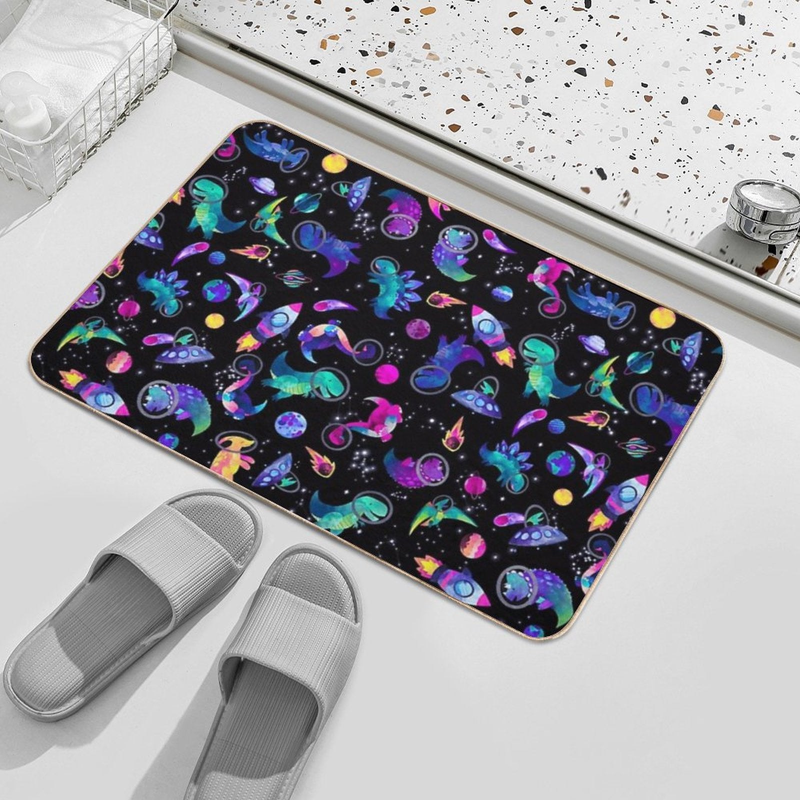 Space Dinosaur Astronauts Watercolor Pink Purple Pattern  Stain-Proof Bath Mat
