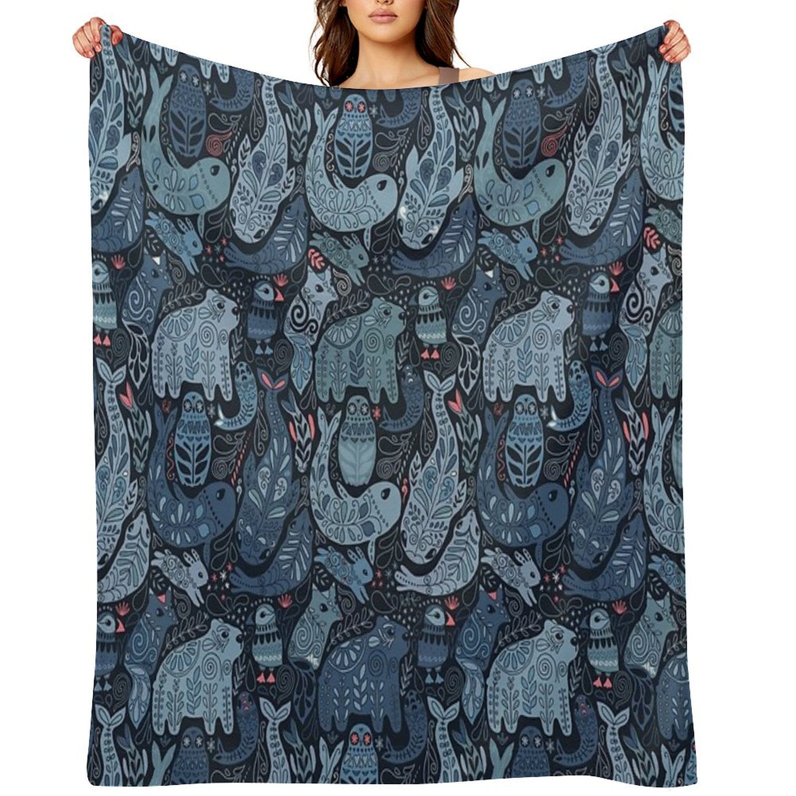 Arctic Animals. Narwhal, Polar Bear, Whale, Puffin, Owl, Fox, Bunny, Seal. Gift-ready Throw Blanket