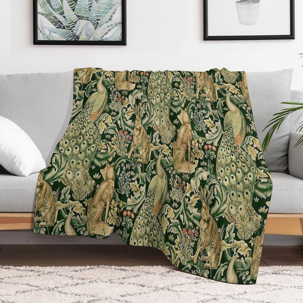 GREEN FOREST ANIMALS ,PEACOCKS, FOX AND HARE IN GREEN LEAVES,FLORAL PATTERN Shrink-resistant Throw Blanket