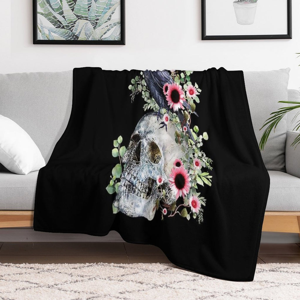 Black Raven with Skull And Leaves Crow, Skeleton Leaves Eucaliptus And Pink Sunflowers Machine-washable Throw Blanket