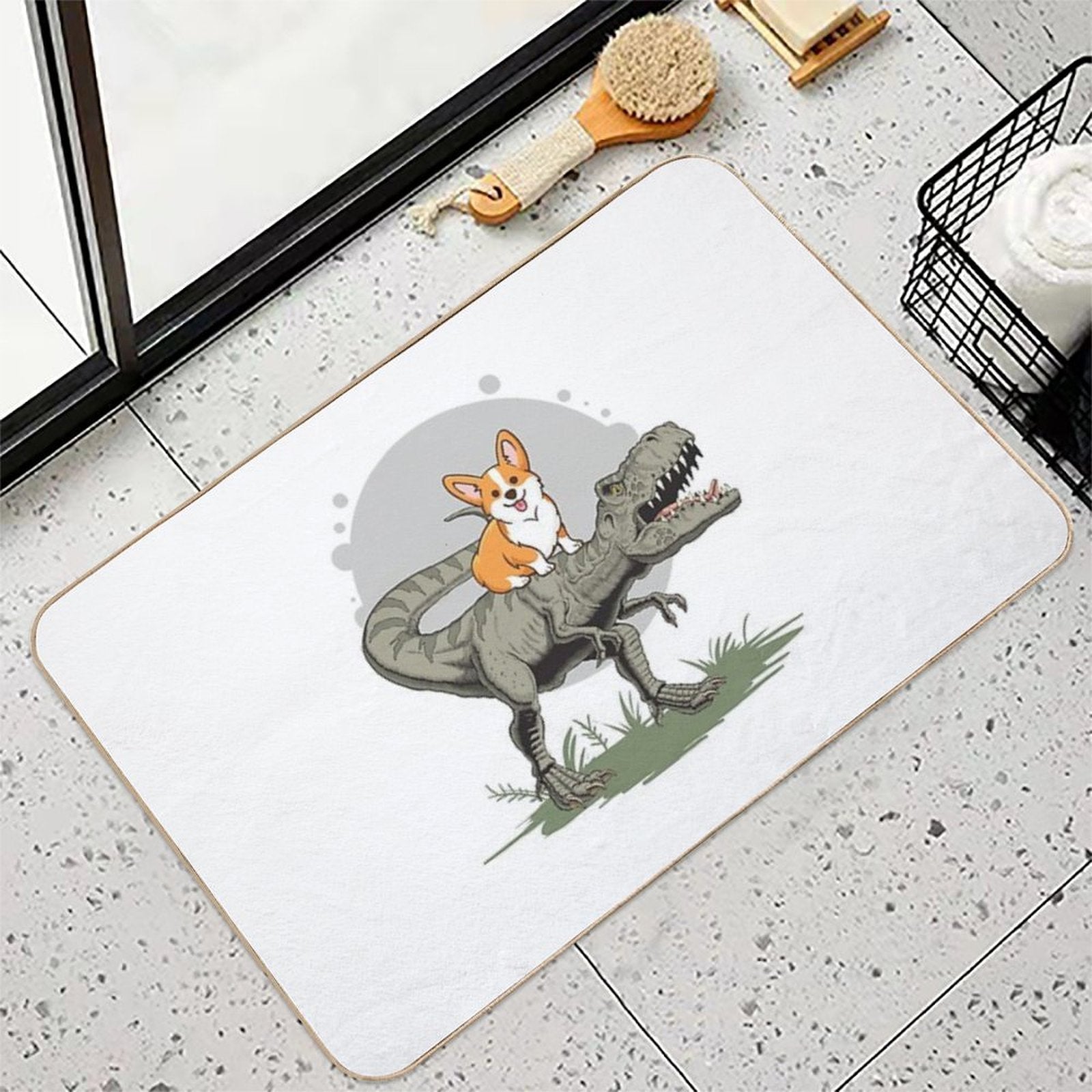 Corgi on Dinosaur  Toxin-Free Bath Mat