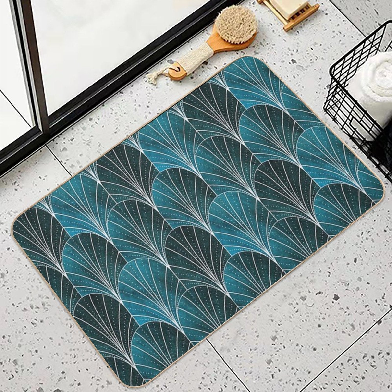 Art Deco Waterfalls  Textured Teal & White  Slip-Resistant Bath Mat