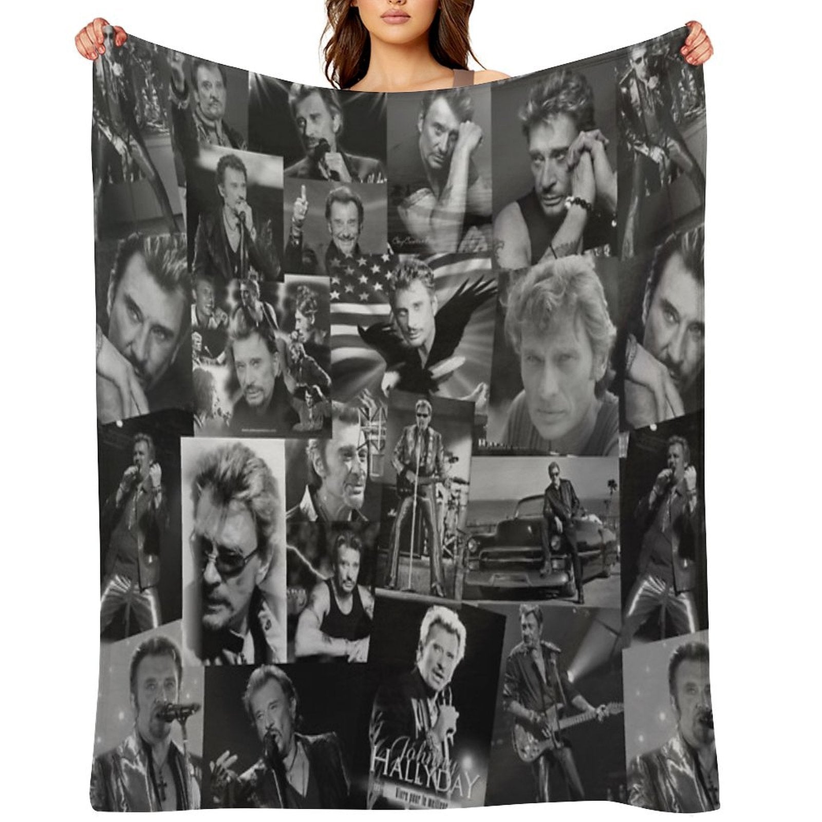 Johnny Hallyday French Singer Assorted Black And White Vintage Collage Premium Throw Blanket