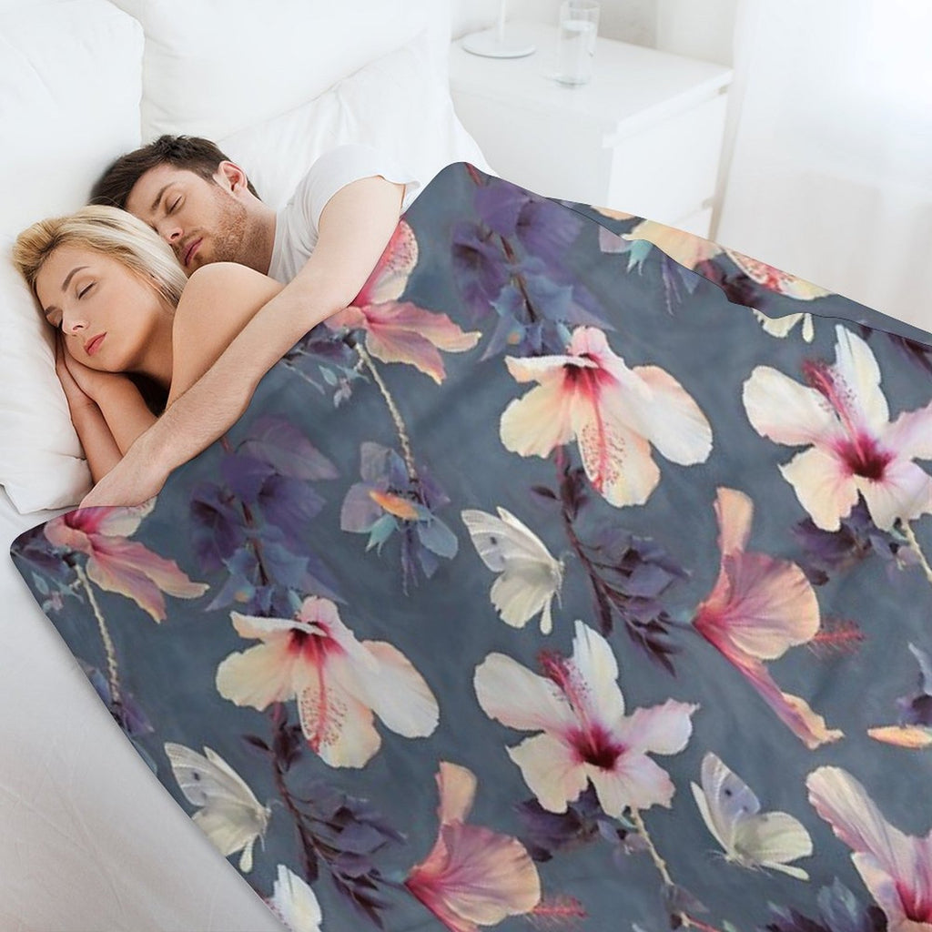 Butterflies And Hibiscus Flowers - A Painted Pattern Plush Throw Blanket