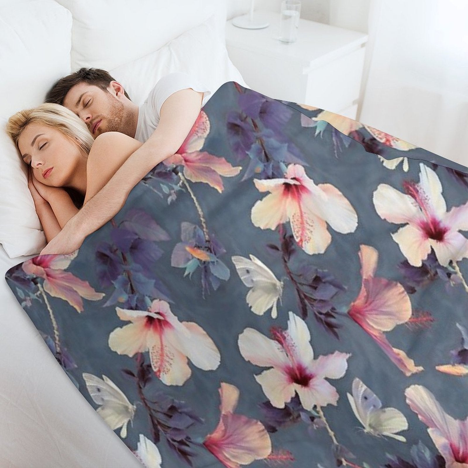 Butterflies And Hibiscus Flowers - A Painted Pattern Plush Throw Blanket