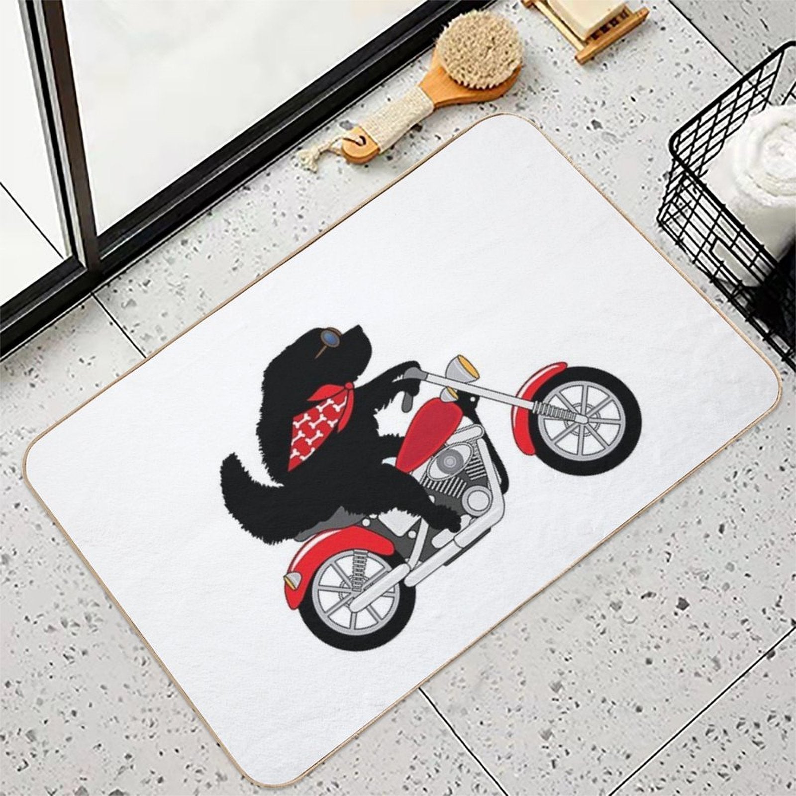 Just A Newfie Riding A Motorcycle  Repositionable Bath Mat