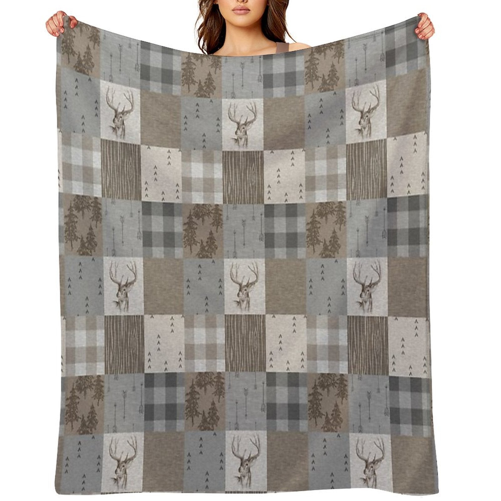 Deer Patchwork - Rustic Neutrals Easy Care Throw Blanket