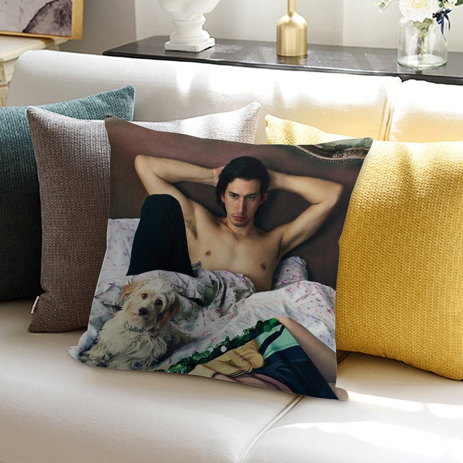 Adam Driver with Dog Photosession Soft Luxury Feel Throw Pillow