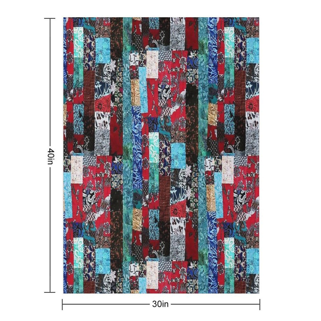 Indonesian Batik Patchwork Red Blue Tone Eco-conscious Throw Blanket