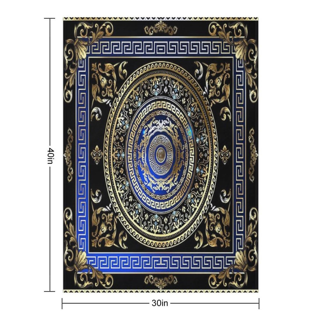 Greek Key Meander Black Blue Gold Ornate Medallion Easy Care Throw Blanket