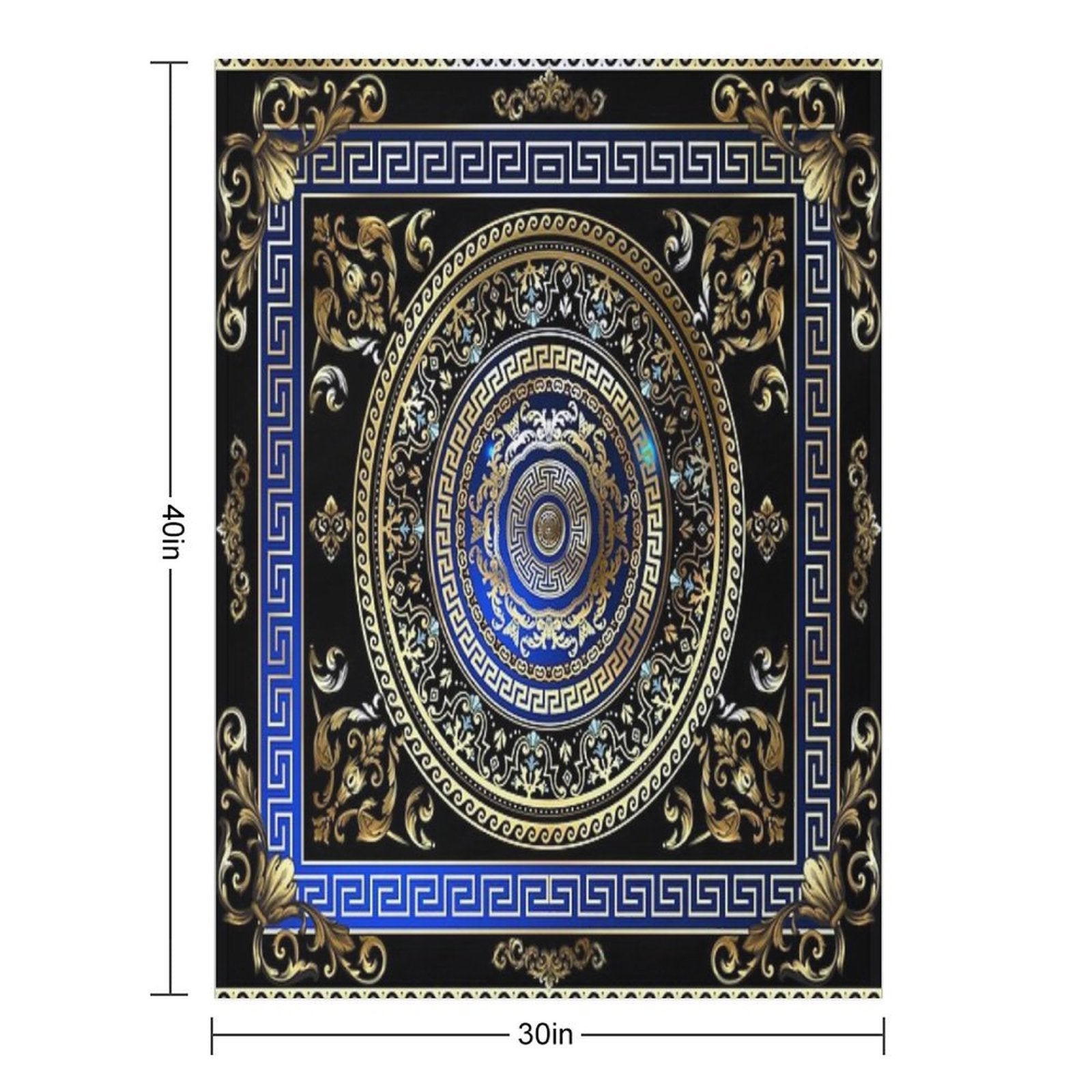 Greek Key Meander Black Blue Gold Ornate Medallion Easy Care Throw Blanket