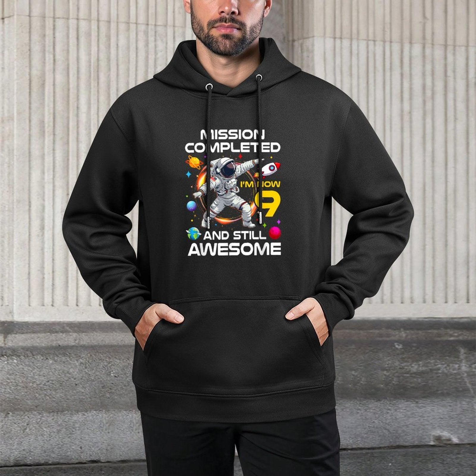 9Th Birthday Astronaut 9 Years Old Outer Space Birthday Medium-Weight Fabric Hoodie
