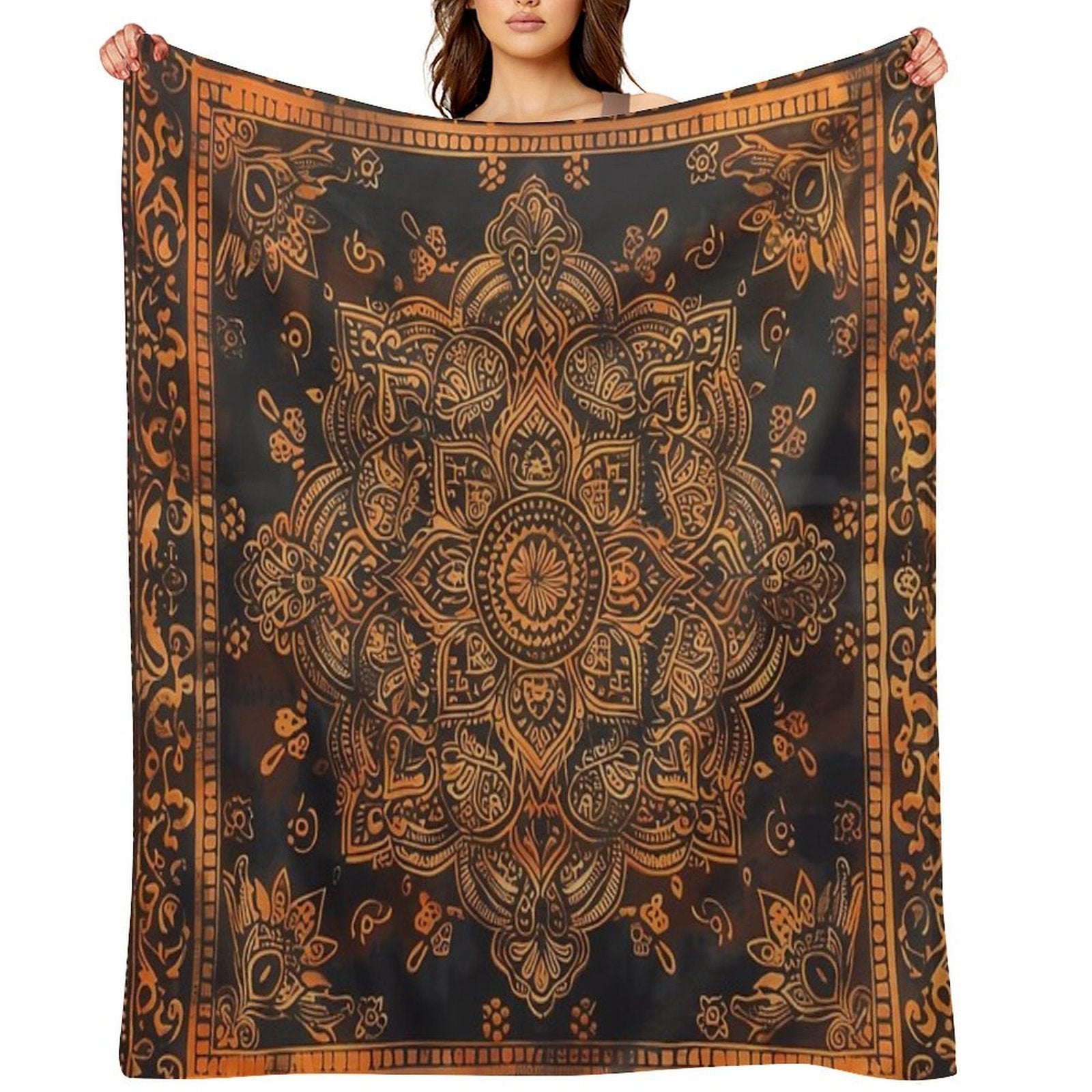 Stunning Brown And Orange Delicate Detailed Mandala Square Travel-friendly Throw Blanket