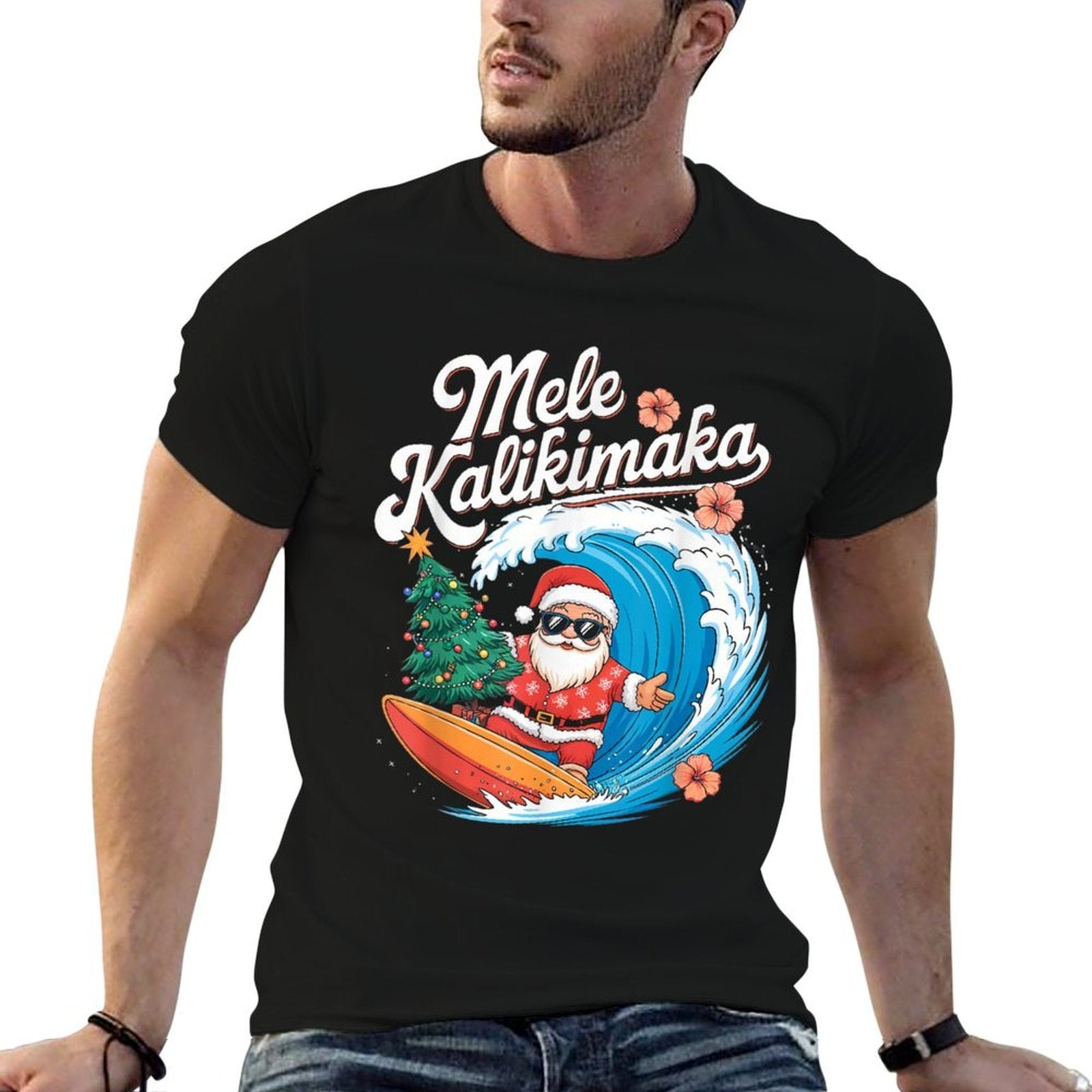 Vintage Cute Mele Kalikimaka Christmas Santa Surfing Costume  Graphic-printed T-Shirt