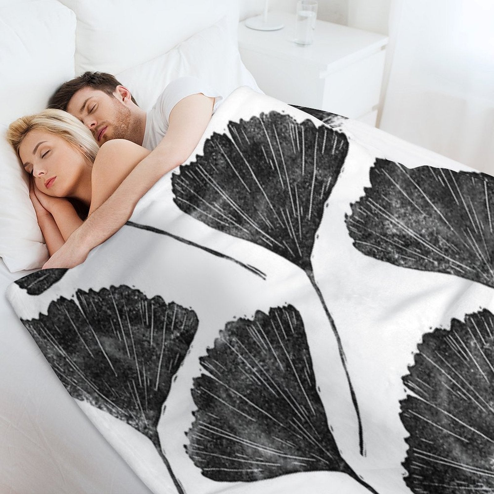 Ginkgo Biloba, Lino Cut Nature Inspired Leaf Pattern Gift-ready Throw Blanket